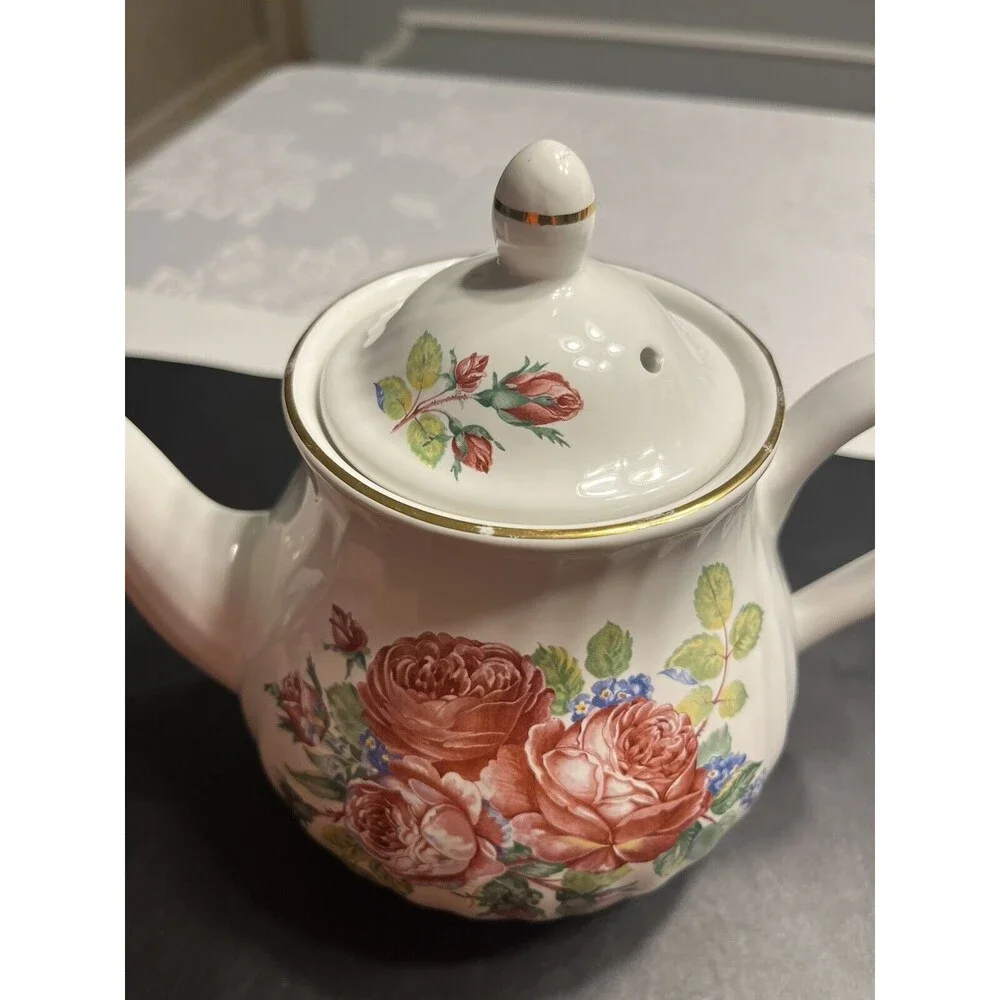 Vtg Arthur Wood England Pink Roses Swirl Gold Trim Teapot